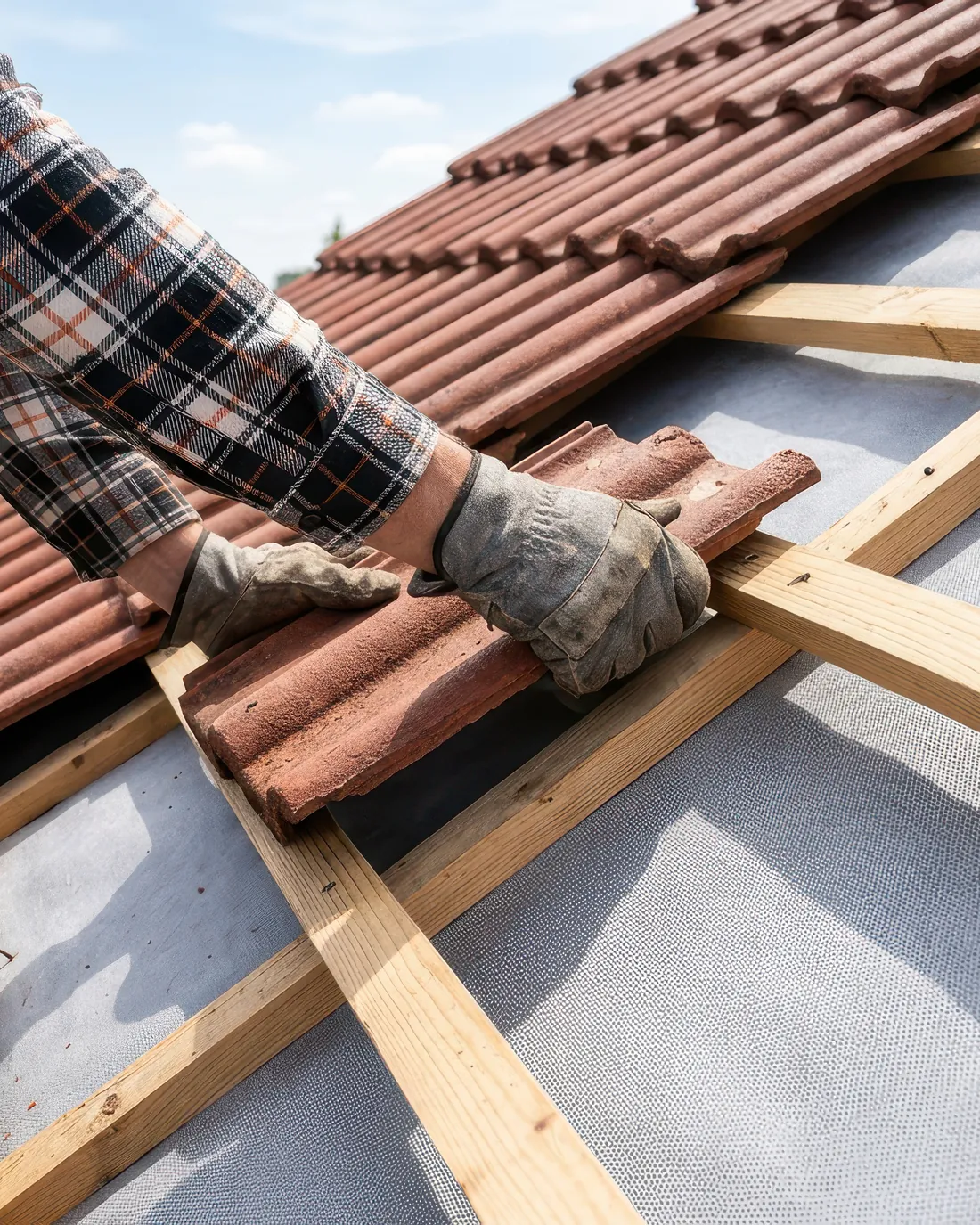 Hände in Arbeitshandschuhen legen rote Tondachziegel auf frische Dachlattung, im Hintergrund eine Wohnsiedlung