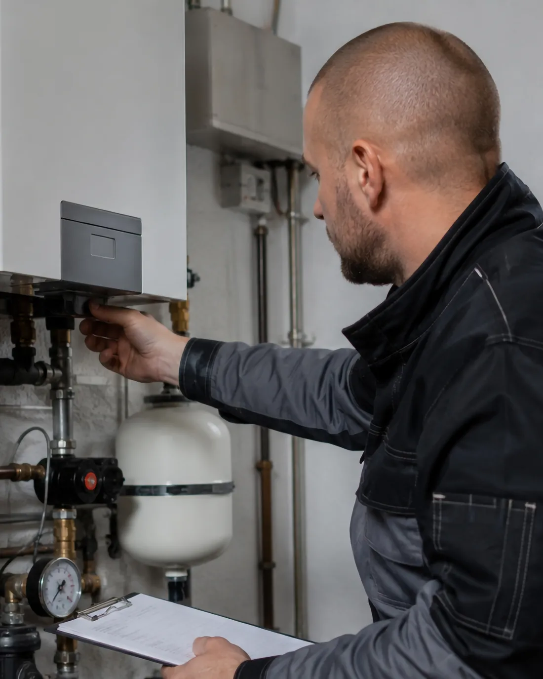 Heizungsbauer in Arbeitsjacke prüft eine Gastherme im Heizungsraum und hält ein Klemmbrett mit Prüfprotokoll