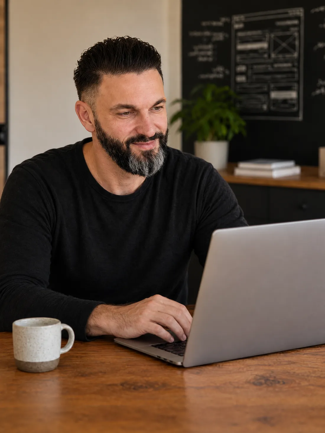 Dirk Meißner sitzt an einem Holztisch vor seinem Laptop und schaut lächelnd auf den Bildschirm, hinter ihm eine Tafel mit der Skizze einer Webseite