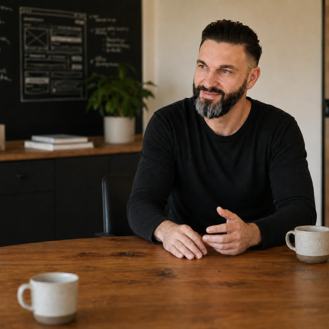 Dirk Meißner im Gespräch am Tisch, Webdesigner aus Wilsdruff