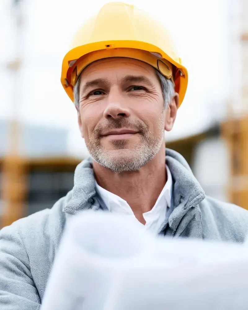 Bauleiter mit gelbem Helm und Bauplänen auf einer Baustelle