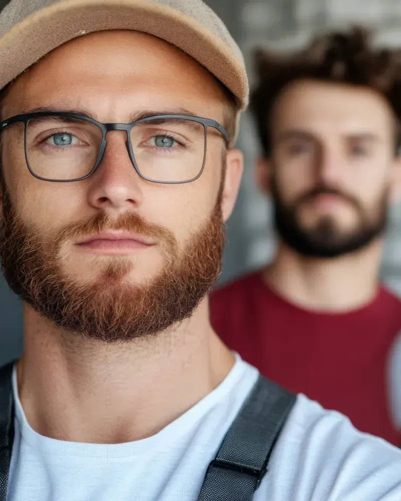 Drei junge Handwerker in Arbeitskleidung, einer mit Brille und Mütze vorn