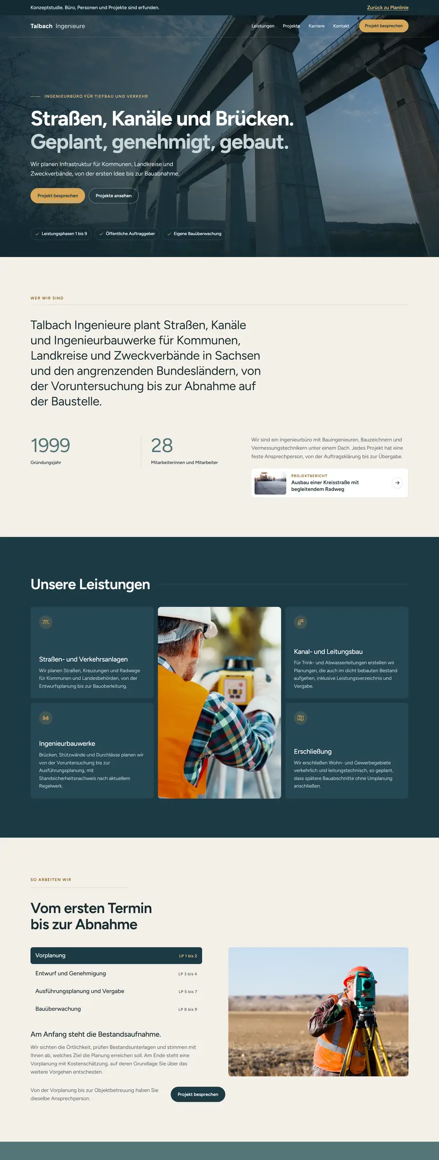 Beispiel einer von Dirk Meißner erstellten Unternehmenswebseite: Startseite eines Ingenieurbüros mit Brückenfoto, Leistungen und Projektablauf