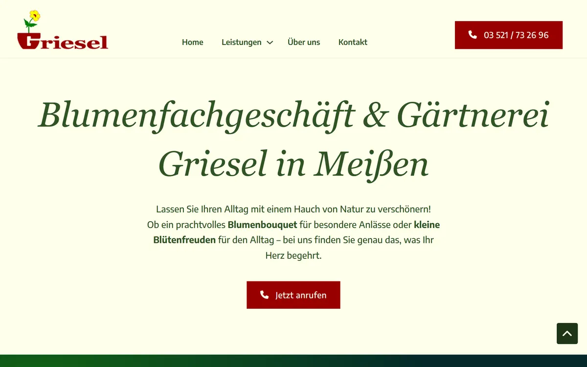 Startseite des Blumenfachgeschäfts und der Gärtnerei Griesel aus Meißen, erstellt von Webdesign Wilsdruff