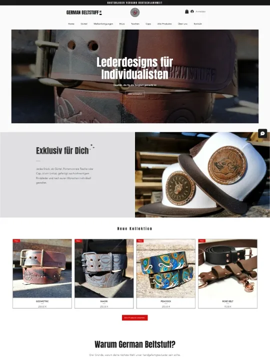 Onlineshop von German Beltstuff für handgefertigte Lederwaren, erstellt von Webdesign Wilsdruff