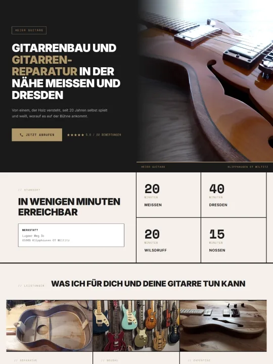 Webseite von Heier Guitars, Gitarrenbau in der Nähe von Meißen, erstellt von Webdesign Wilsdruff