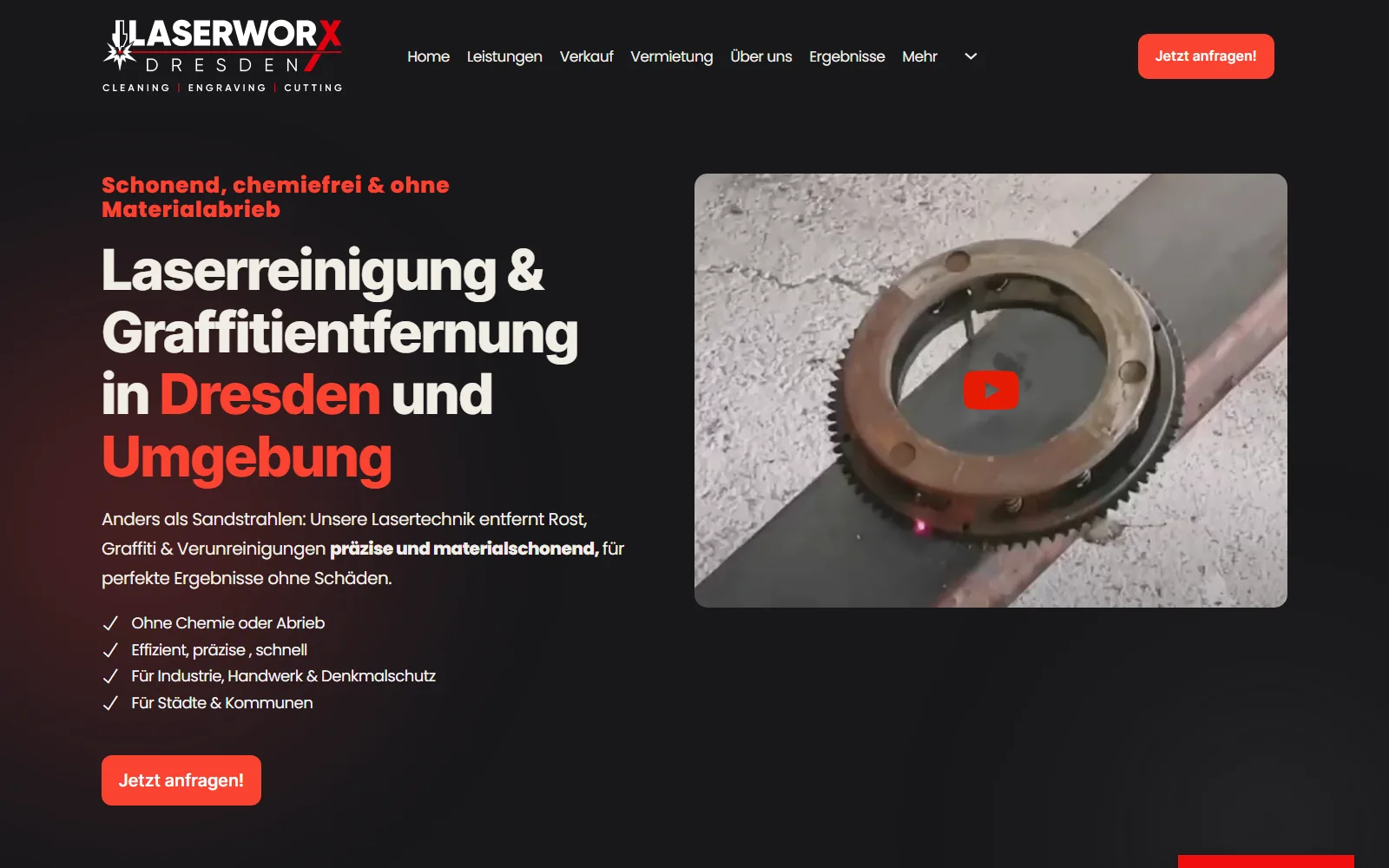 Startseite der Webseite von Laserworx, Laserreinigung in Dresden