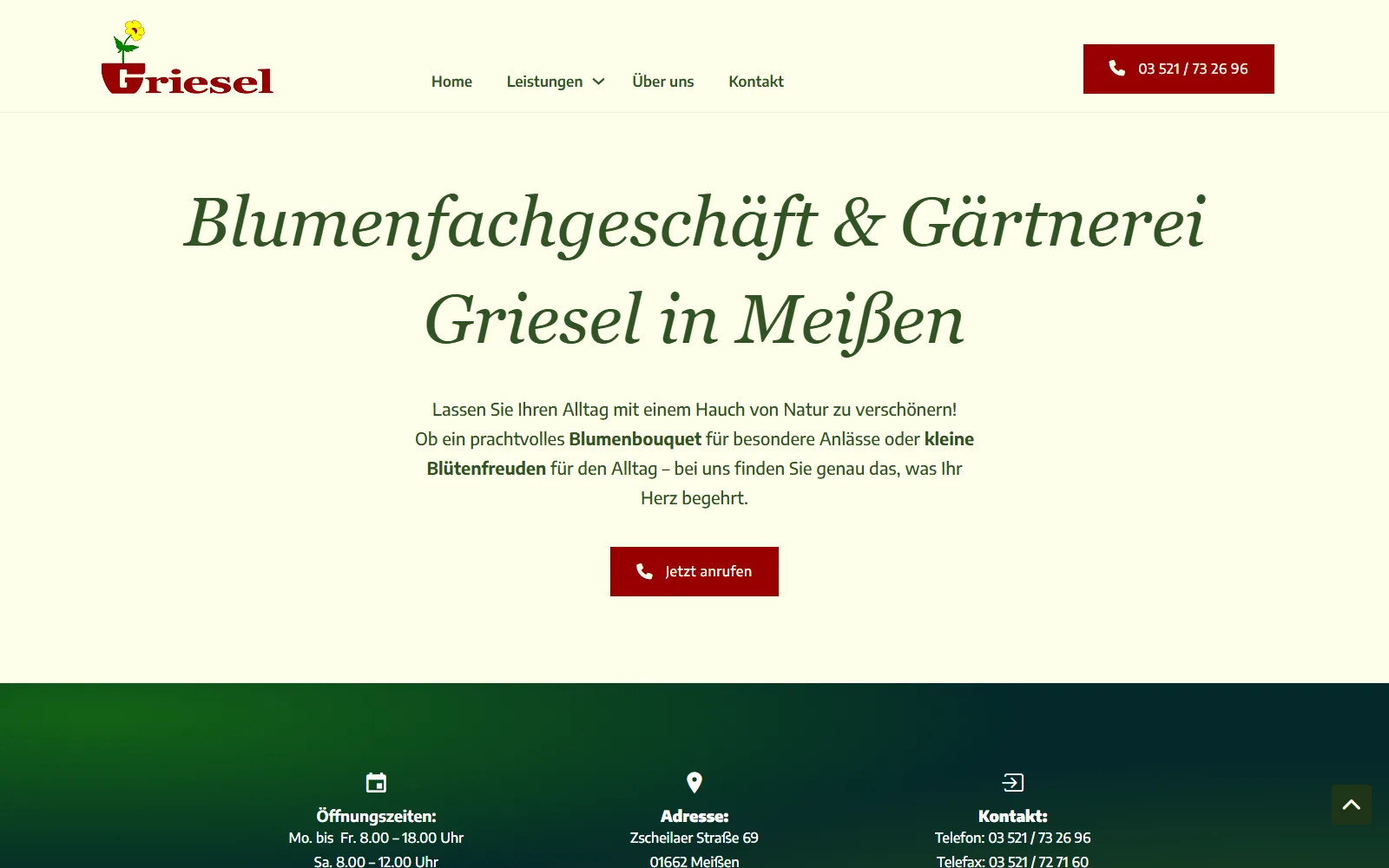 Startseite der Website von Blumenfachgeschäft und Gärtnerei Griesel in Meißen