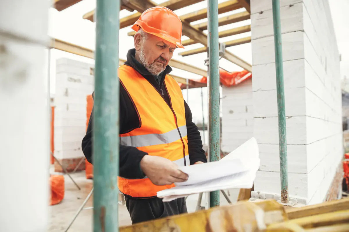 Bauleiter prüft Baupläne auf einer Baustelle mit Gerüst
