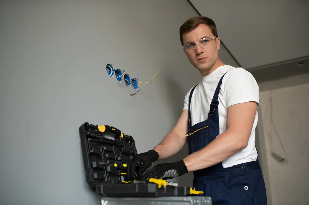 Elektriker greift in einen Werkzeugkoffer vor Unterputzdosen