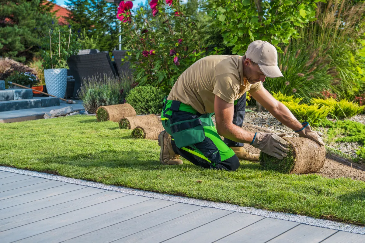 Landschaftsgärtner kniet im Garten und rollt Rollrasen aus