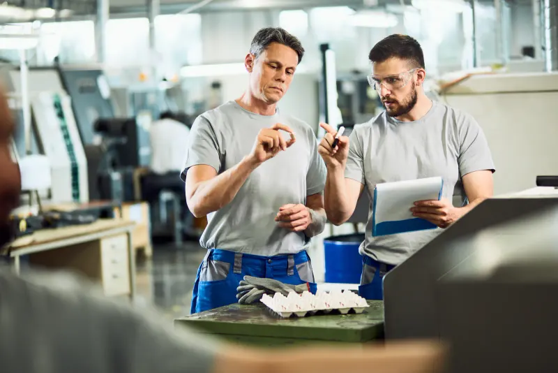 Zwei Mitarbeiter prüfen ein Bauteil in der Produktion