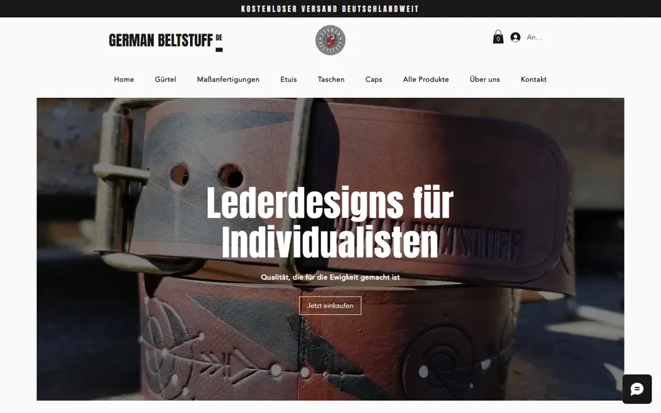 Startseite der Webseite von German Beltstuff, handgefertigte Ledermode in Dresden