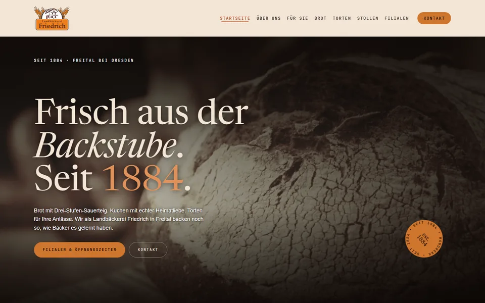 Startseite der Webseite der Landbäckerei Friedrich, Handwerksbäckerei in Freital