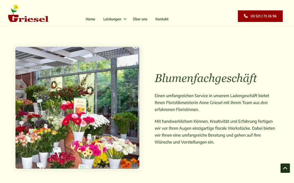 Unterseite Blumenfachgeschäft der Webseite der Gärtnerei Griesel in Meißen, mit Foto des Ladens voller Blumen