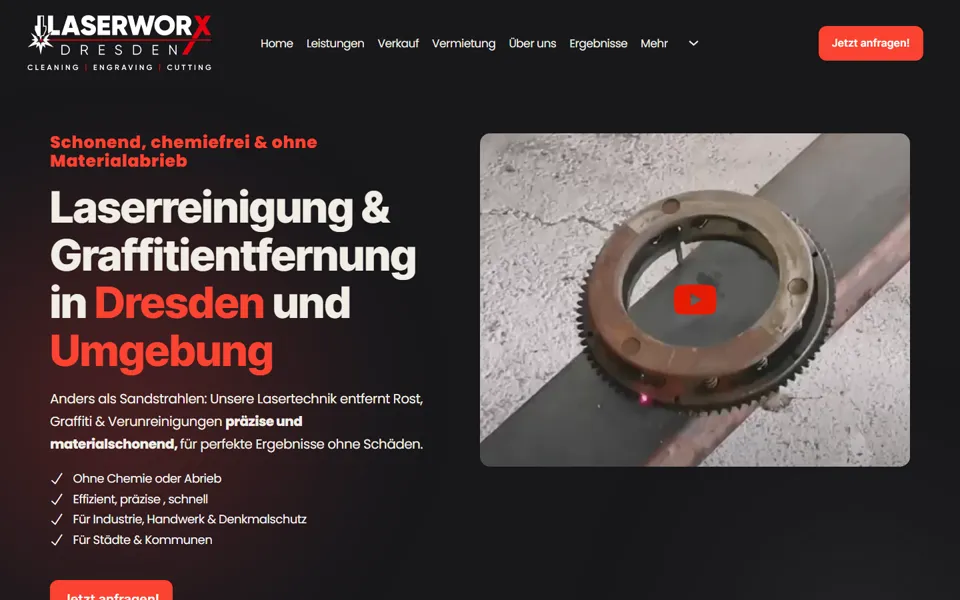 Startseite der Webseite von Laserworx, Laserreinigung in Dresden