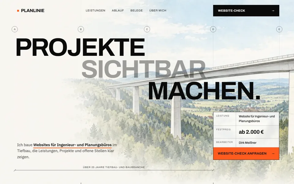 Startseite von Planlinie, Websites für Ingenieur- und Planungsbüros, mit Zeichnung einer Talbrücke