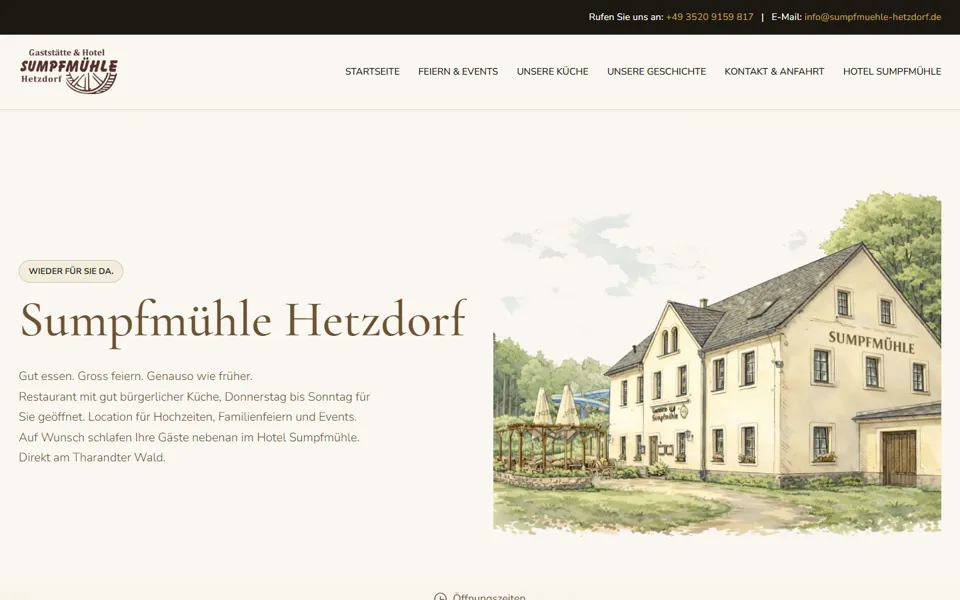 Startseite der Webseite von Sumpfmühle Hetzdorf