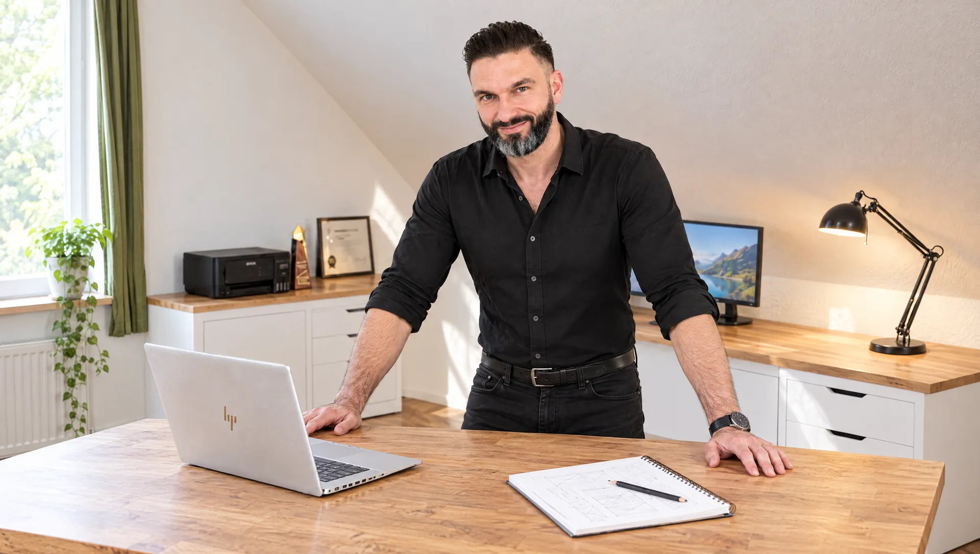 Dirk Meißner, Webdesigner aus Wilsdruff, in seinem Büro am Schreibtisch mit Laptop und Skizzenblock