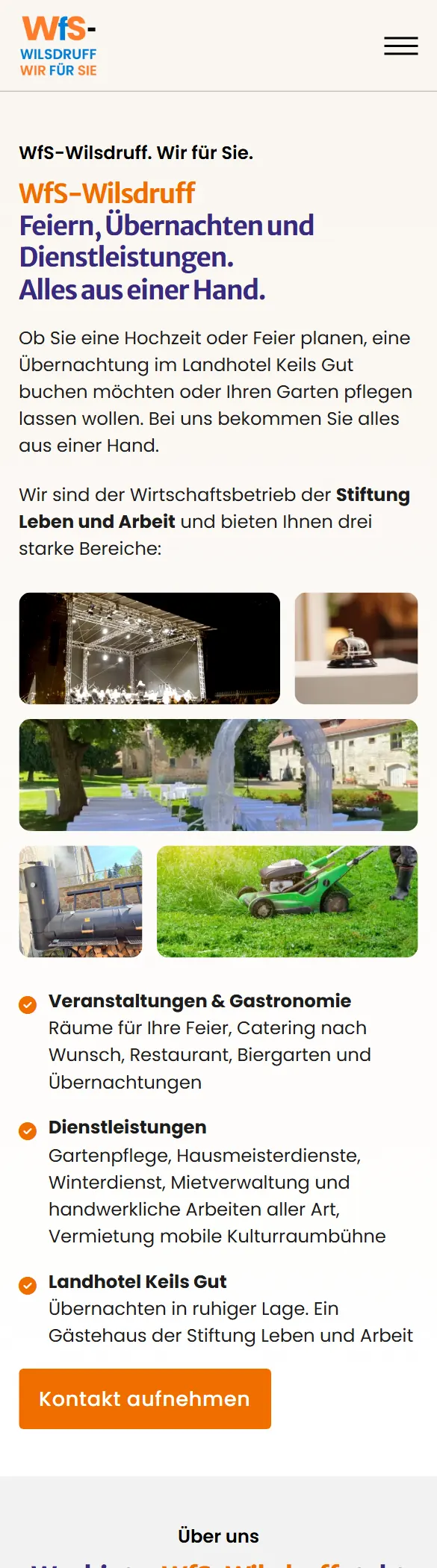 Startseite der Webseite von WfS Wilsdruff, dem Wirtschaftsbetrieb der Stiftung Leben und Arbeit, auf dem Handy