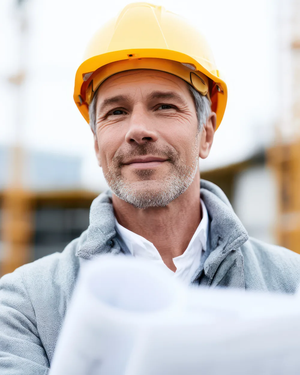 Bauleiter mit gelbem Helm und Bauplänen auf einer Baustelle